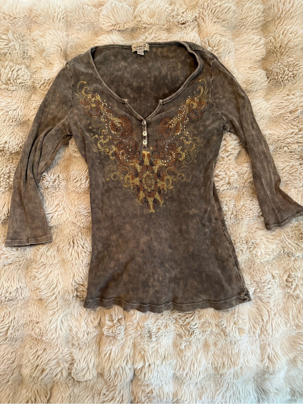 Womens One World Brown Embellished Henley Tee- Y2K vintage size medium